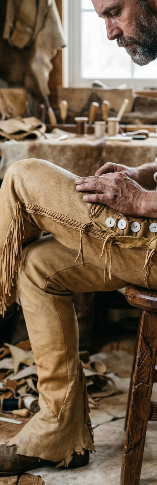 Men Native American Western Buckskin Buffalo Leather Ragged Fringe Pants
