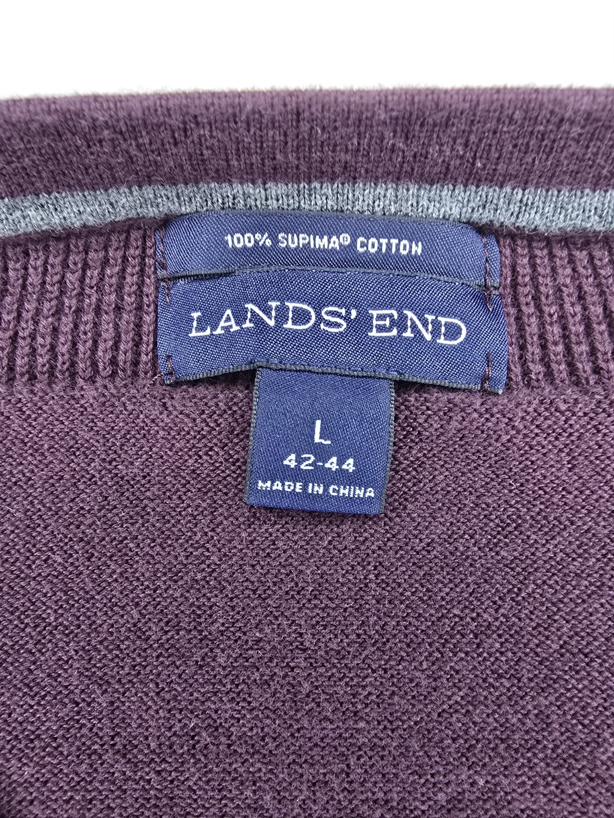 Lands’ End Men’s Large Supima Cotton V-Neck Sweater Burgundy Plum Long Sleeve