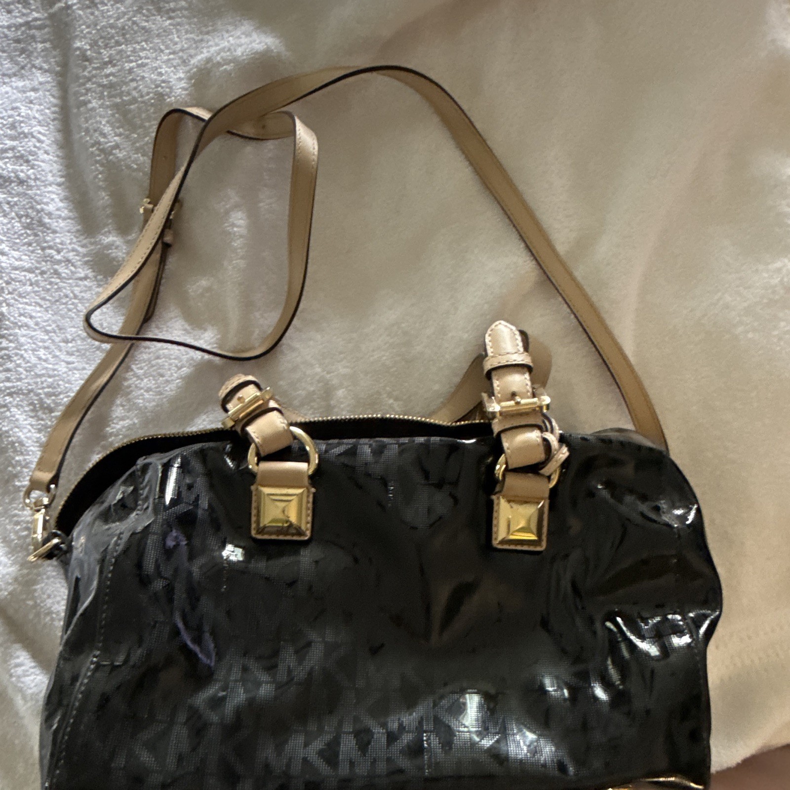 Michael Kors Large Black Logo Satchel Zip Top Detachable Strap Gold Hardware