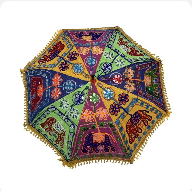 Smedium Cloth Umbrella Parasol Elephants Stitched Thread Multicolored Pattern
