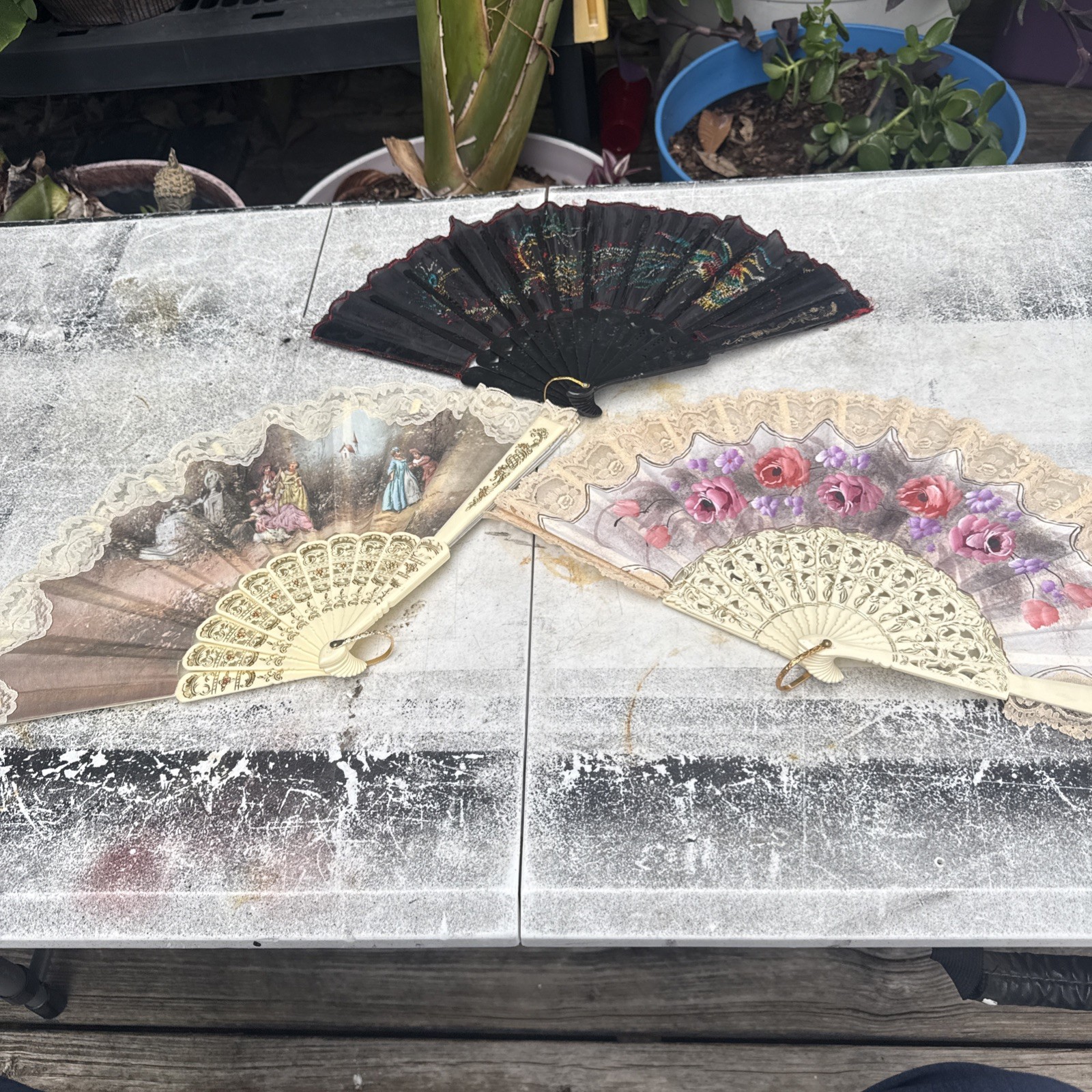 Victorian Style Multicolor Floral Hand Fan Black Lace Trim Fabric Plastic