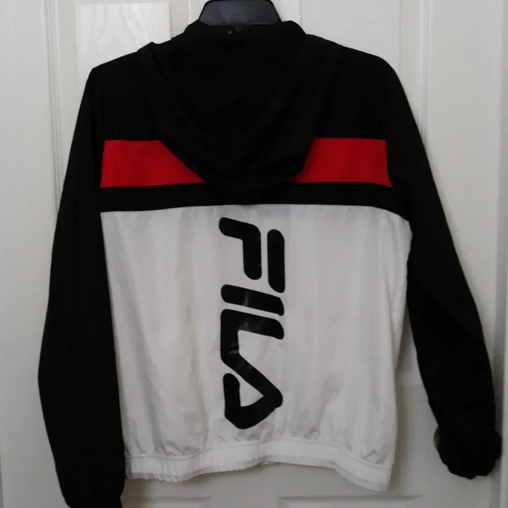 FILA Selma Windbreaker Hoodie Jacket Black White Red Zippered Women’s Size Small