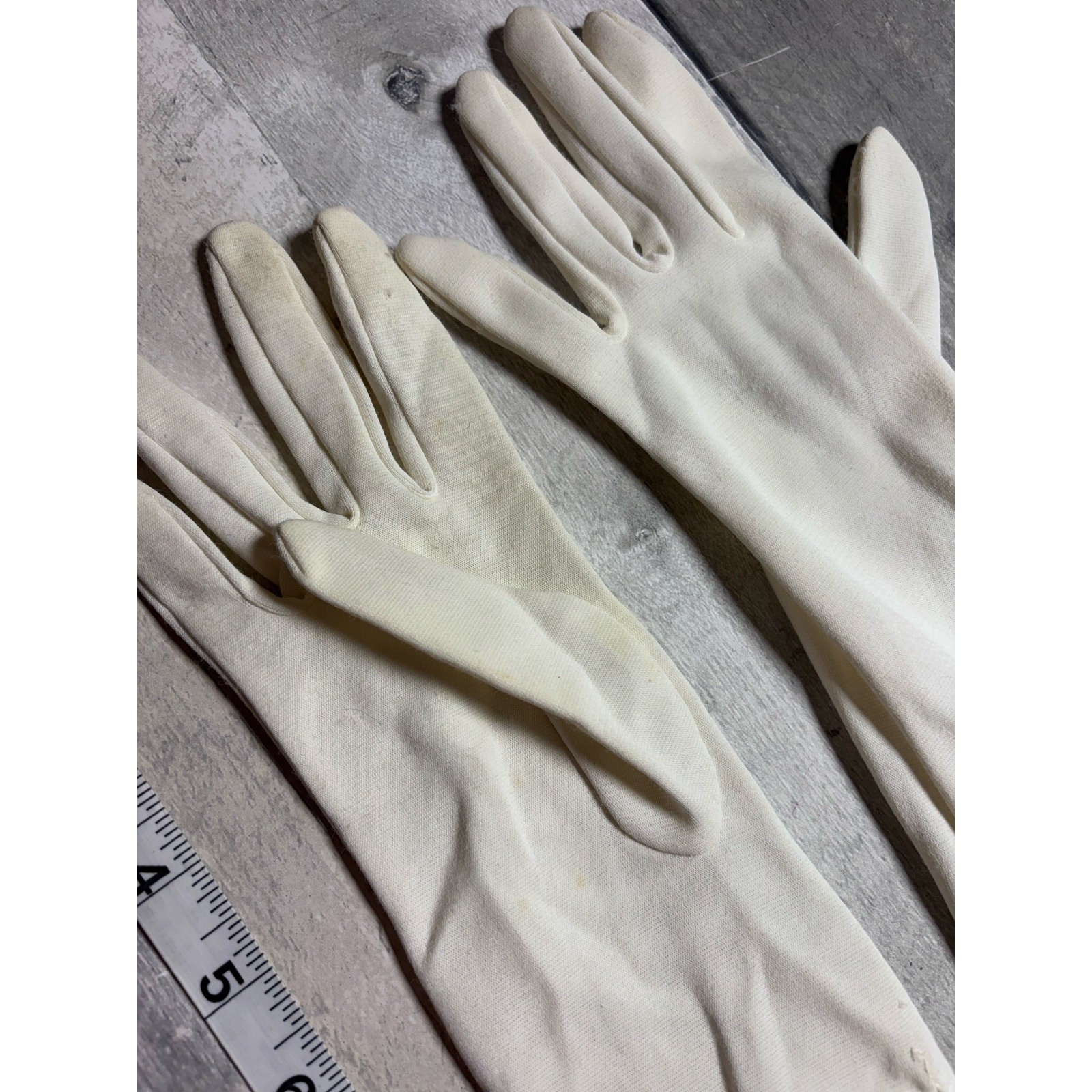 Vintage Ivory Gloves Nylon? Adult Small? Rouched Mid Elbow Mid Century 1950-60s