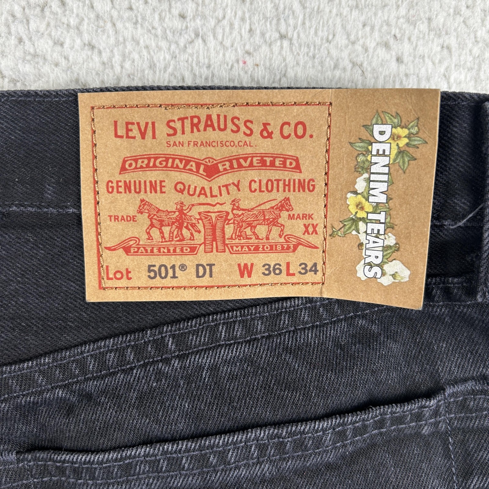 Levis 501 DT Denim Tears Jeans Mens 36×34 Charcoal Denim Straight Button Fly