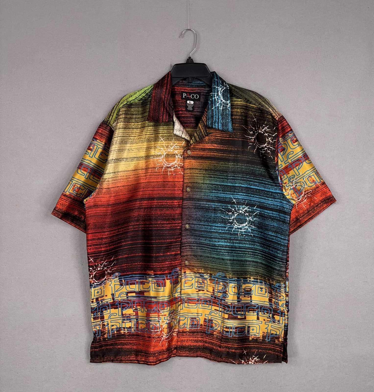 Vintage Paco Shirt Mens Large Colorful Abstract Satin Baggy 90s Y2K Hip Hop