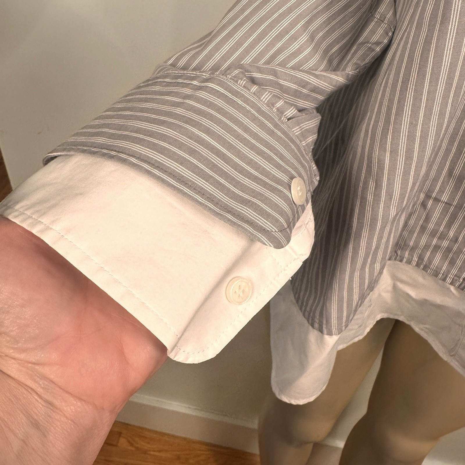 Zara Double Cuff Oversized Striped Shirt Sz M Gray Cotton Lagenlook