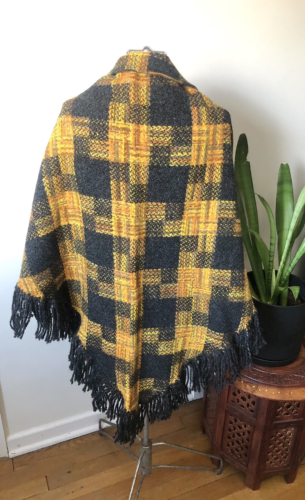 1960’s Charcoal Gray/ Yellow/ Orange Plaid Wool Triangle Shawl