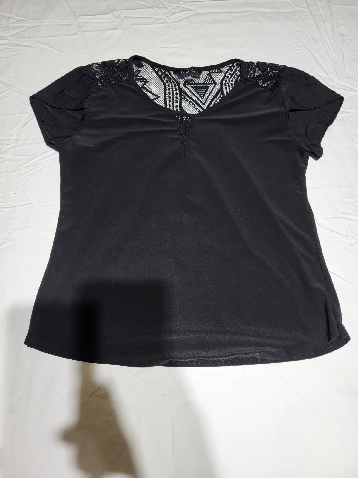 A.U.W. Sz L Short Sleeve Lace Accent Dressy Top Chic Black