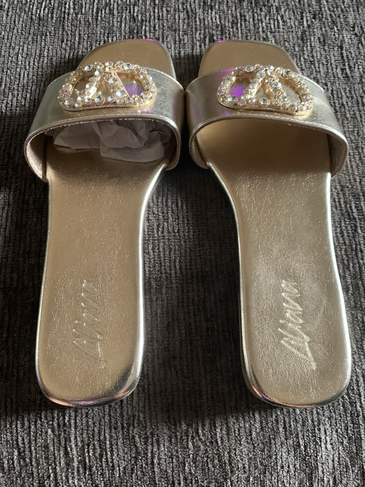 Liliana Rhinestone logo slide in gold.