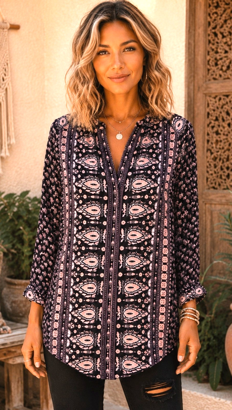 Anthropologie SPELL Burgundy/Pink Floral Print BOHO Long Sleeve Tunic Top XS