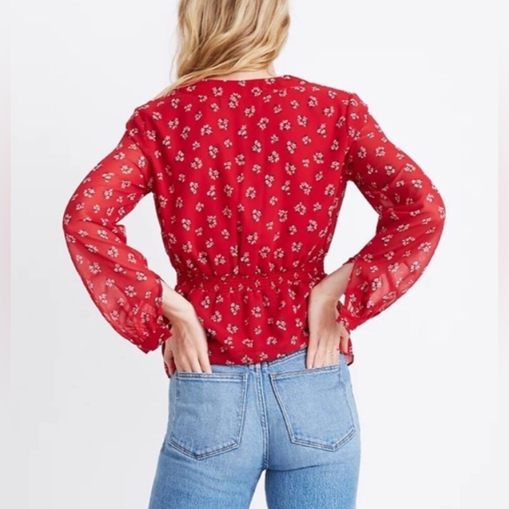 Madewell Floral Peplum V-Neck Top in Red – XS