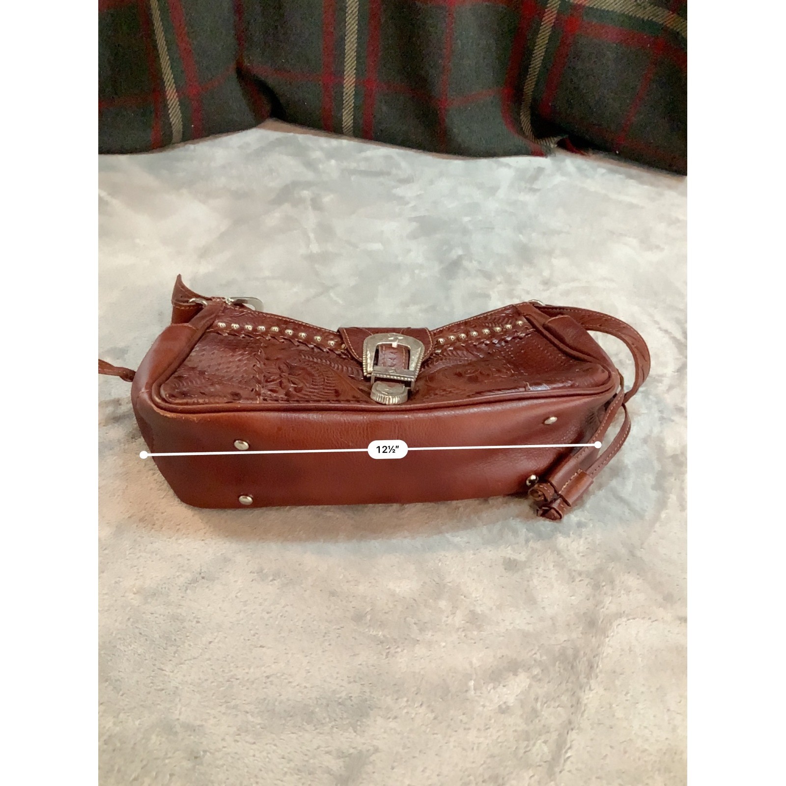 American West Tooled Leather Shoulder Bag Brown Western Buckle Star Studded Bag