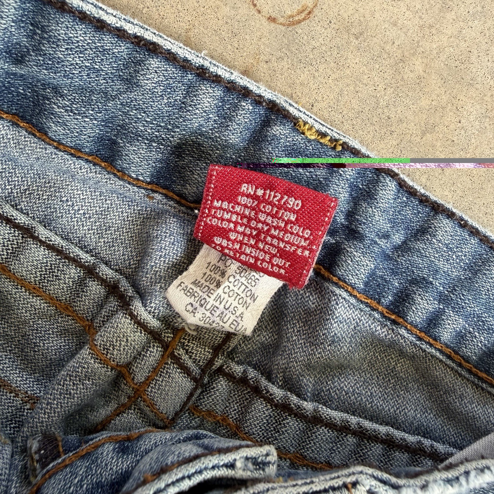 True Religion Joey Patch Old Stone Twisted Flare Jeans 27×31 Made In USA