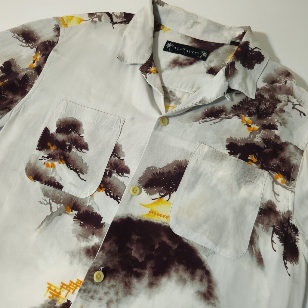 AllSaints Button Down Shirt Mens L Grey Japanese Landscape Print Short Sleeve