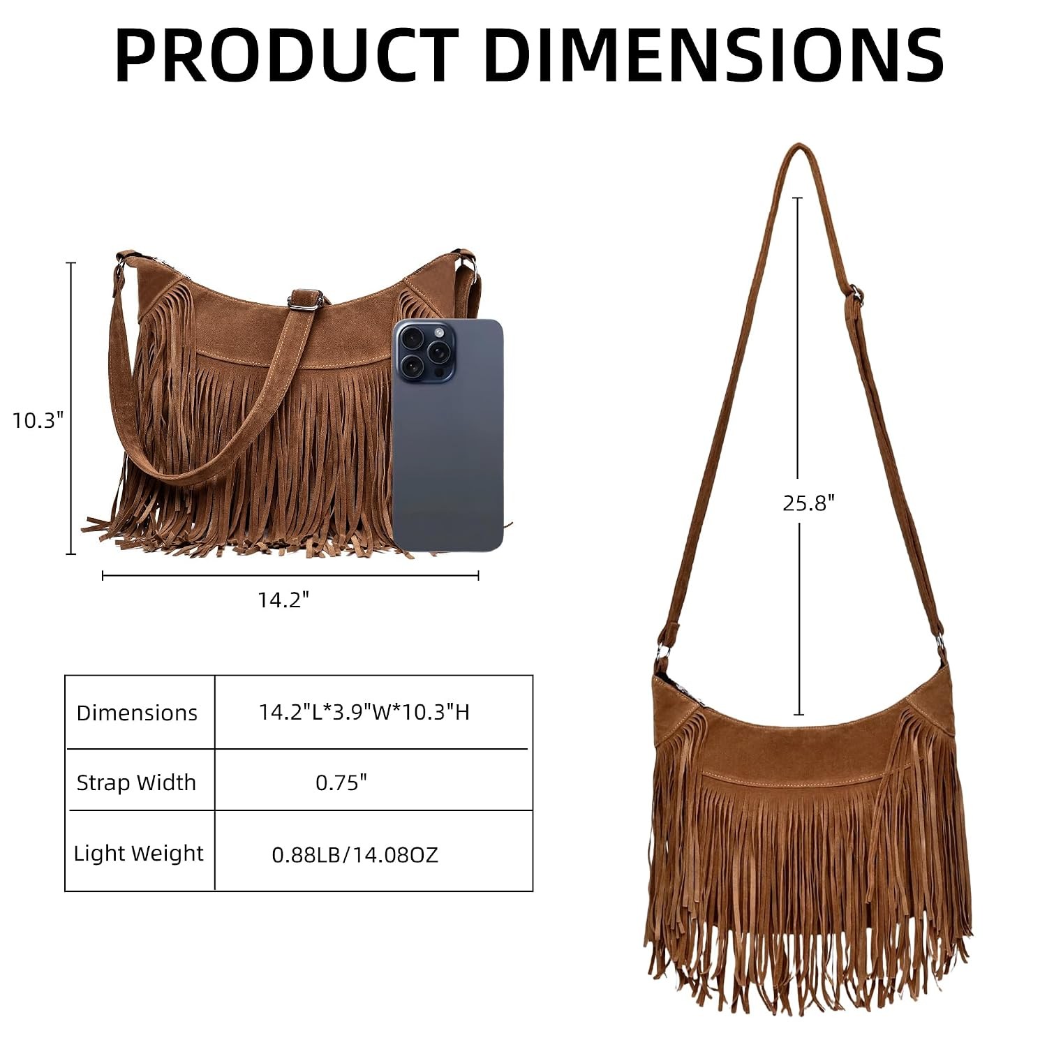 Brown Vintage Suede Fringe Hobo Crossbody Bag for Women Western Style Women’s