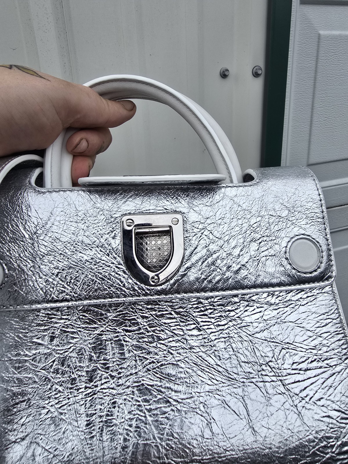 Silver Metallic Dior “Diorever” top handle bag with shoulder strap