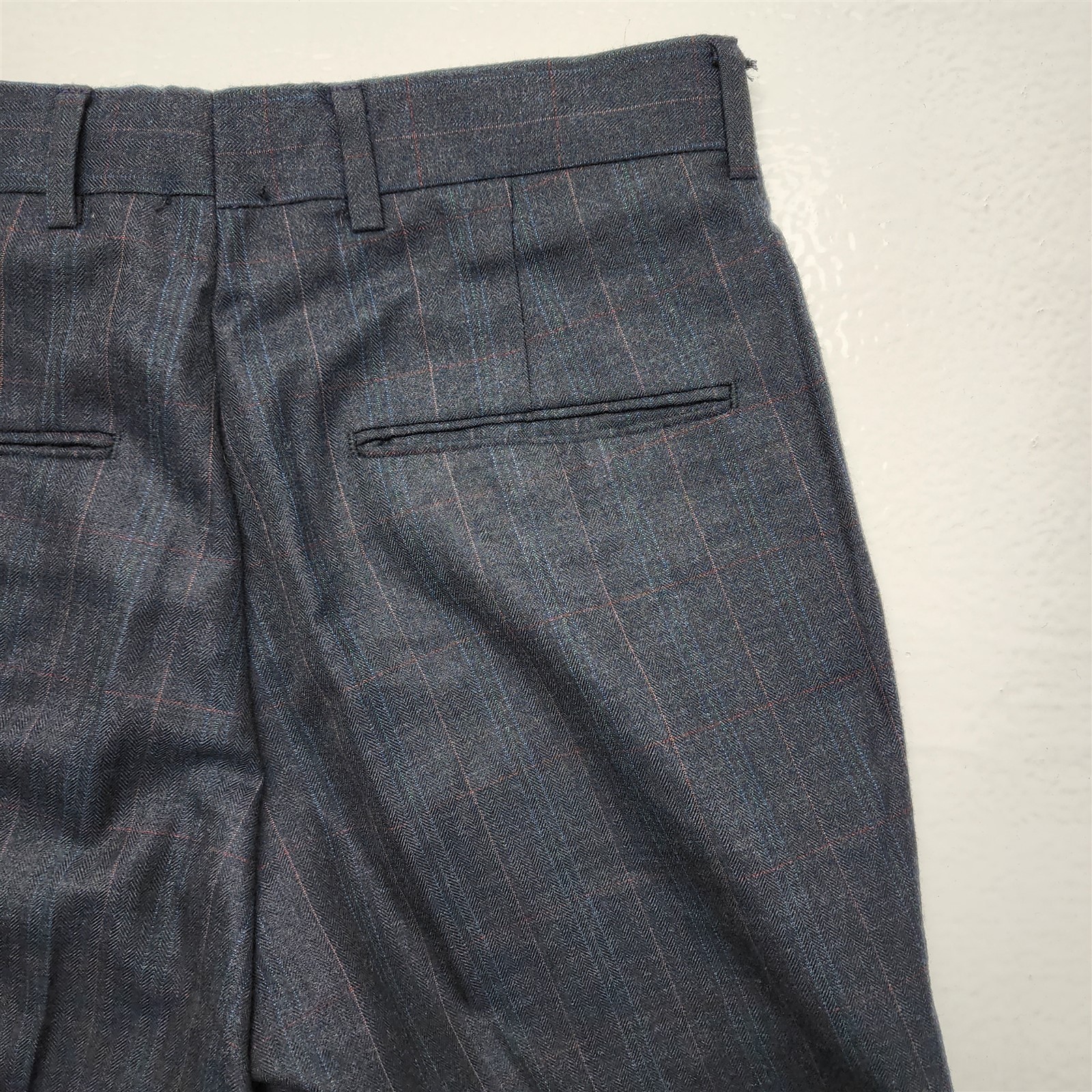 Vtg Old Money 28×30 Dark Gray Herringbone Check Wool Tweed Flat Front Mens Pants
