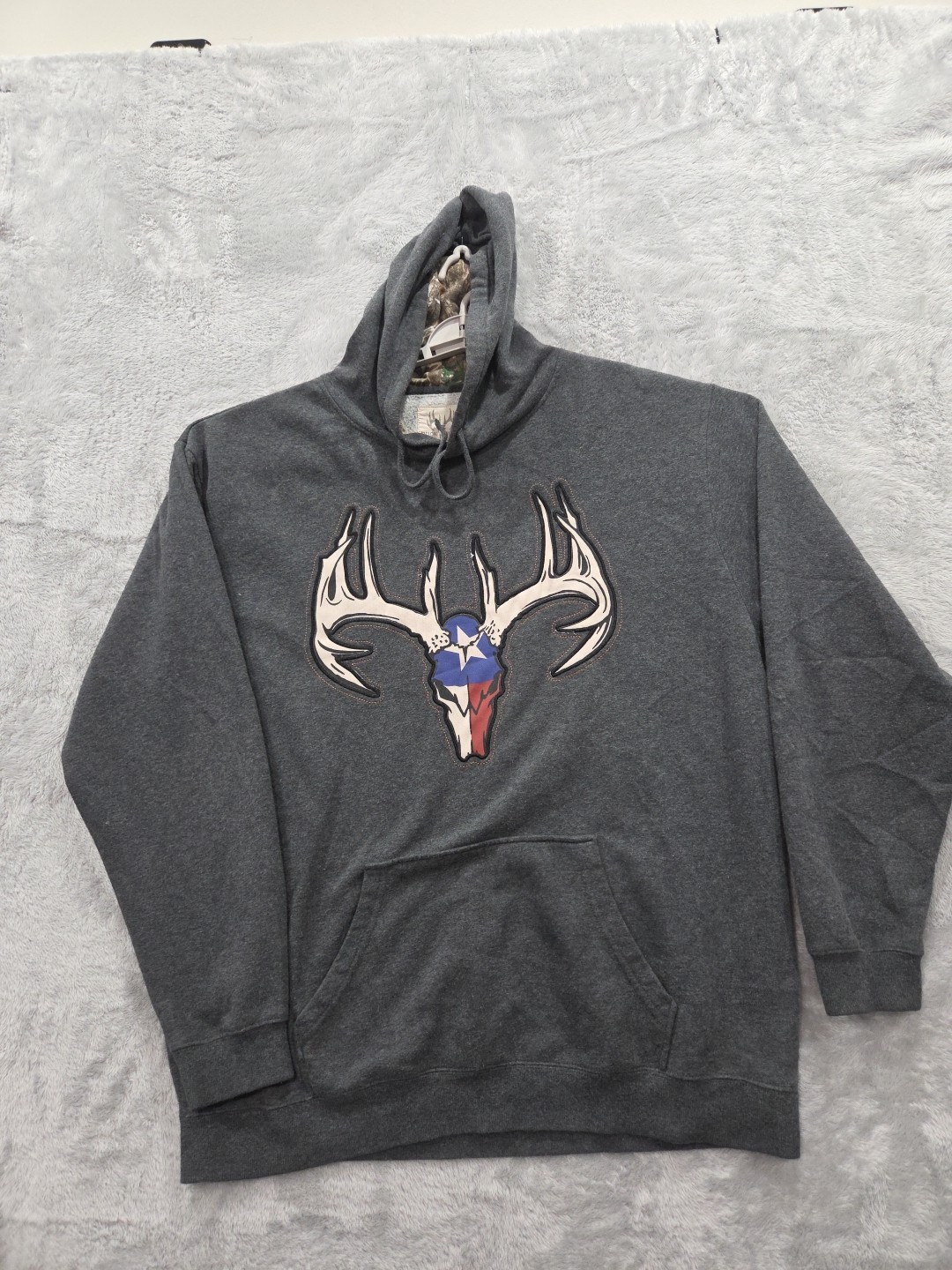 Buck Wear Hoodie Men’s Sz XXL Gray Camo Deer Skull Antler Texas Flag Embroidered