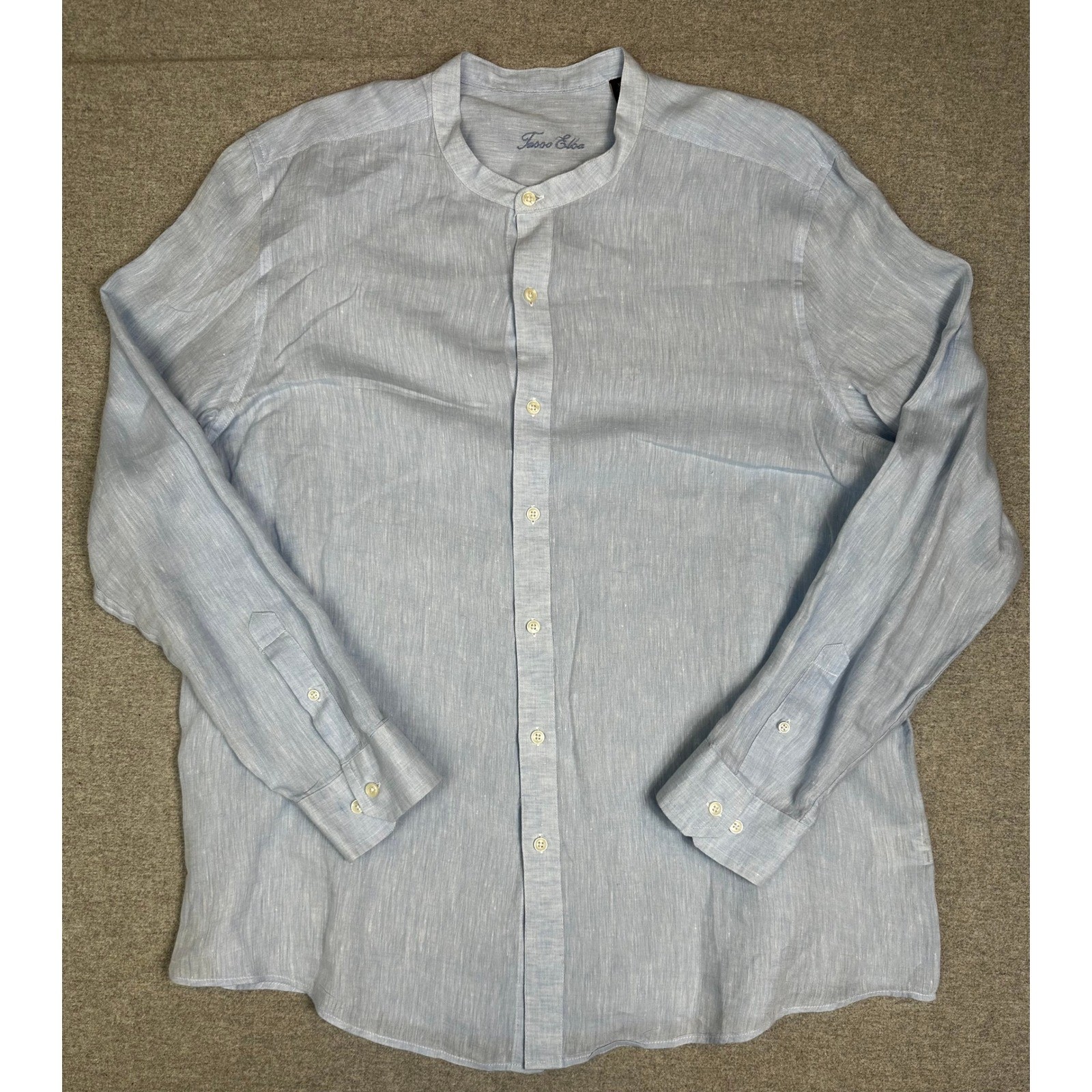 Tasso Elba Linen Button Down Shirt Mens XXL Blue Band Collar Long Sleeve
