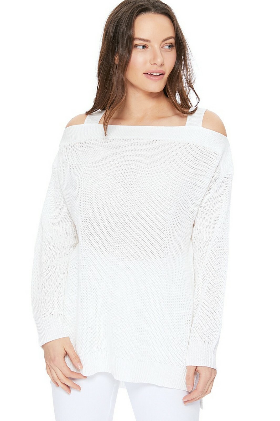 YEMAK Women’s Cold Shoulder Long Sleeve Knit Tunic Top Pullover Sweater MK3631