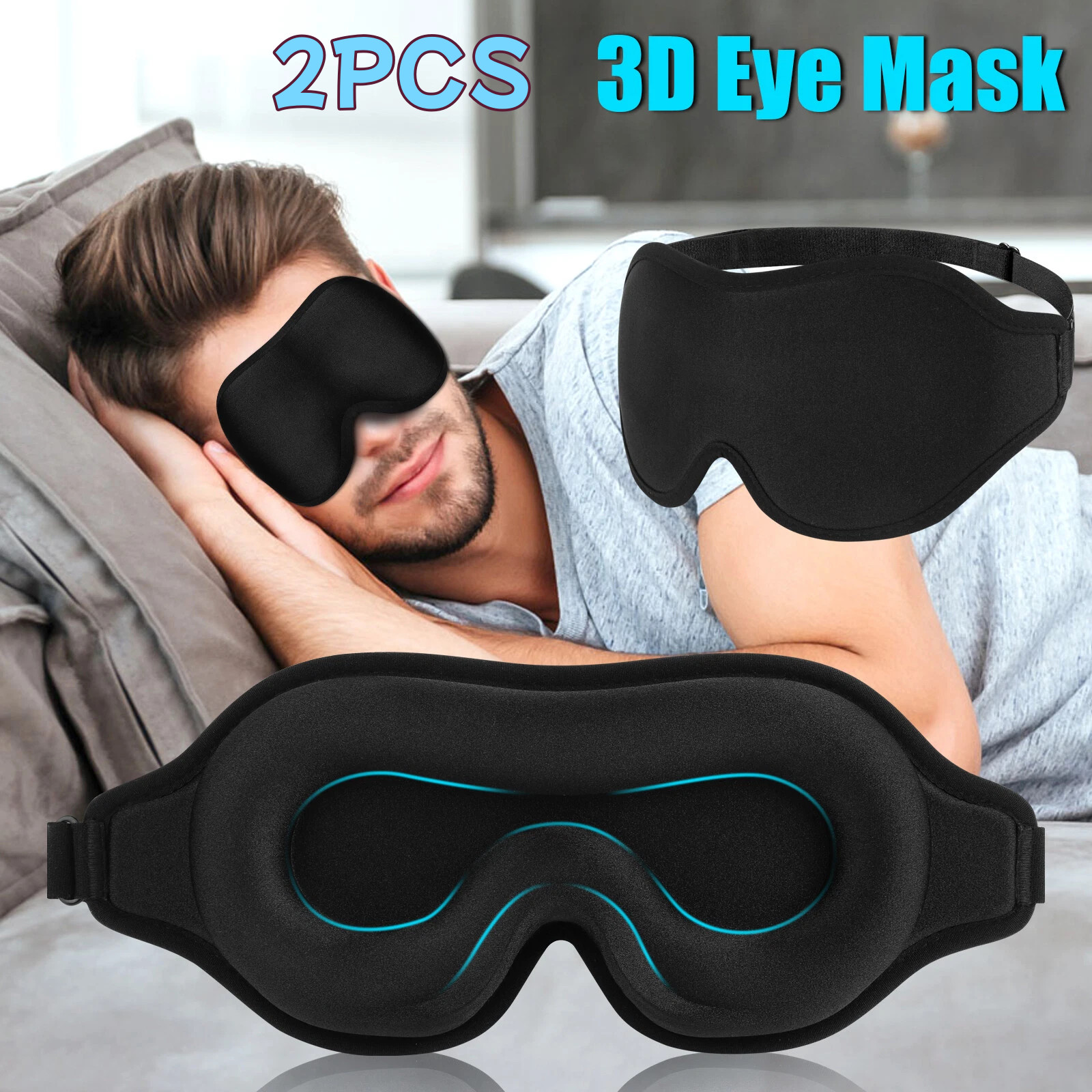 2x 3D Travel Silk Eye Mask Sleeping Soft Padded Shade Cover Rest Relax Blindfold