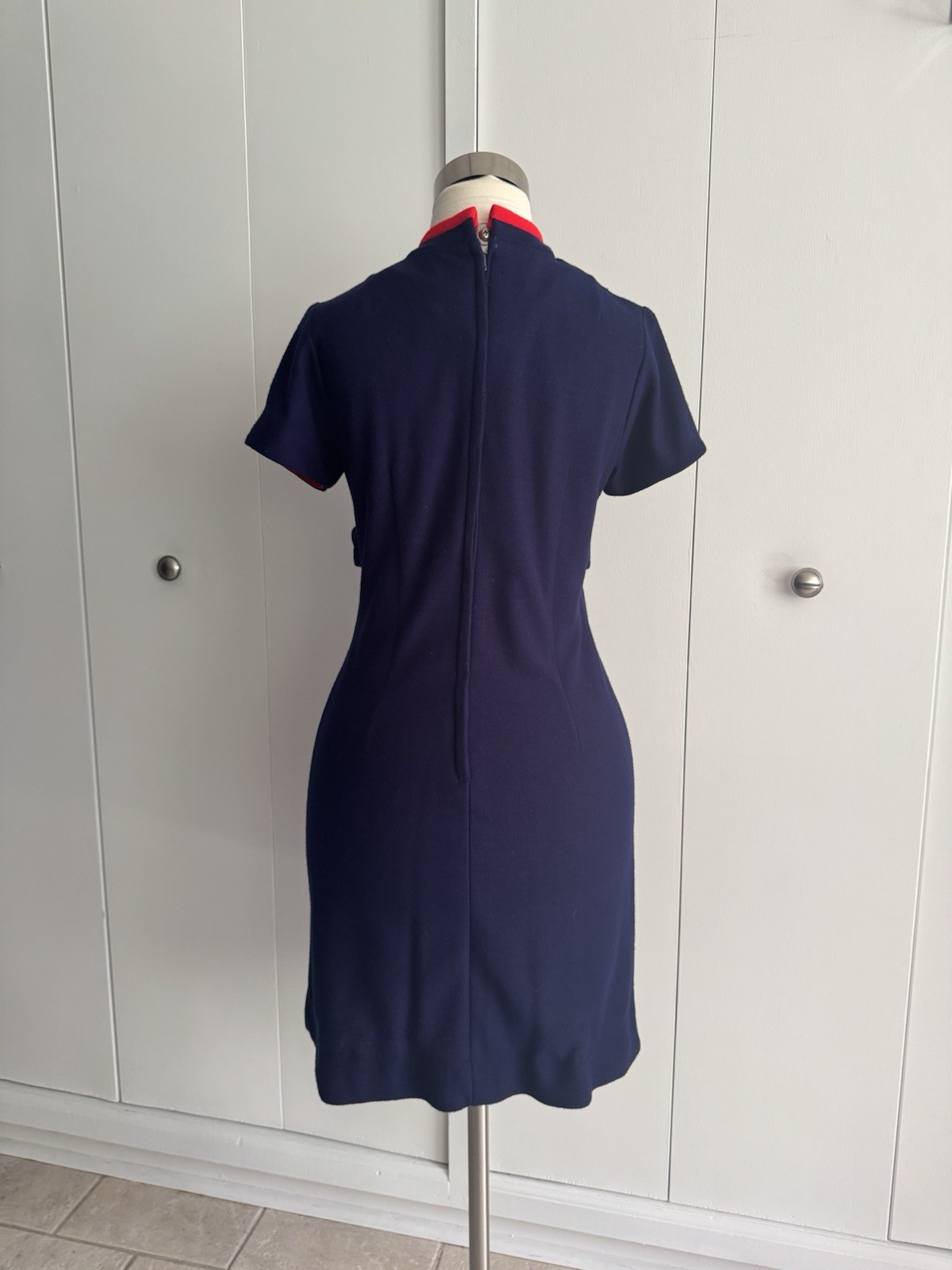 Vintage 1960s Navy Knit Dress Bold Red Piping Decorative Buttons