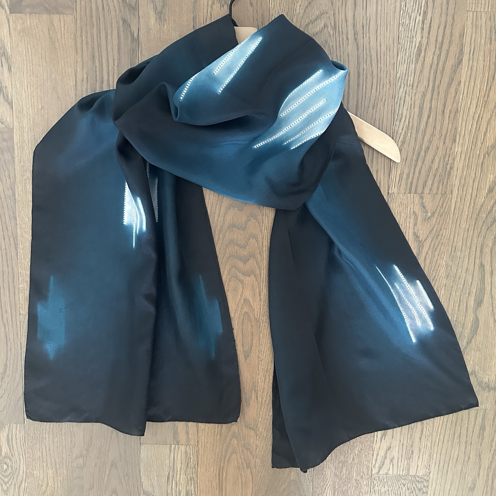 Vintage Hand-Dyed Oblong Silk Scarf in Dark Turquoise and White 14.5″w x 77″l