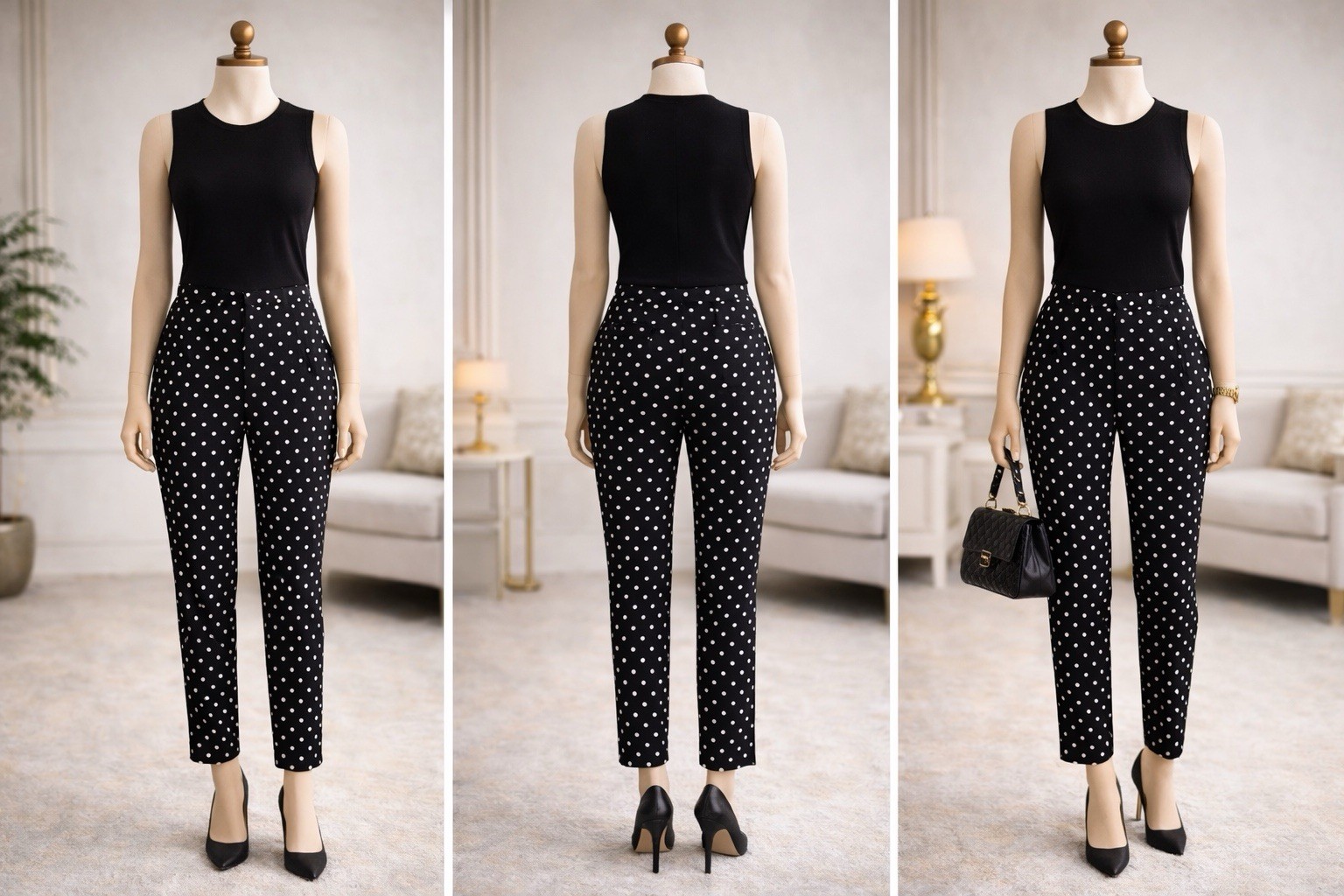 Madison Women’s L Black Polka Dot Pants Casual Pull On Straight Leg Office Caree