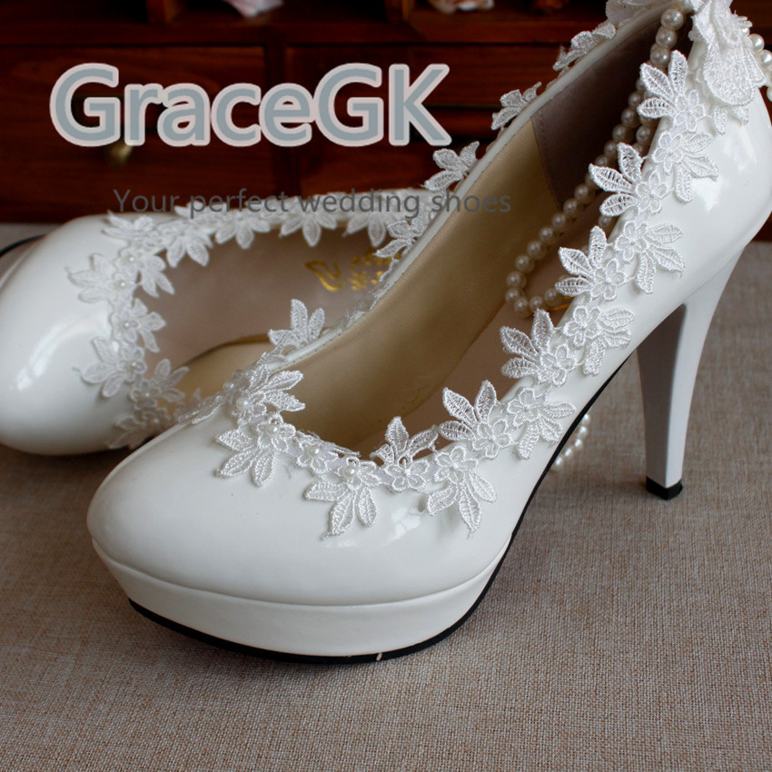 Women’s Lace Wedding Shoes Pearls anklet Bridal High Low Heels flat shoes