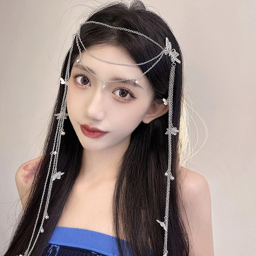 2 PACK Silver Wedding Butterfly Flower Headband Boho Head Chain Tassel Headband