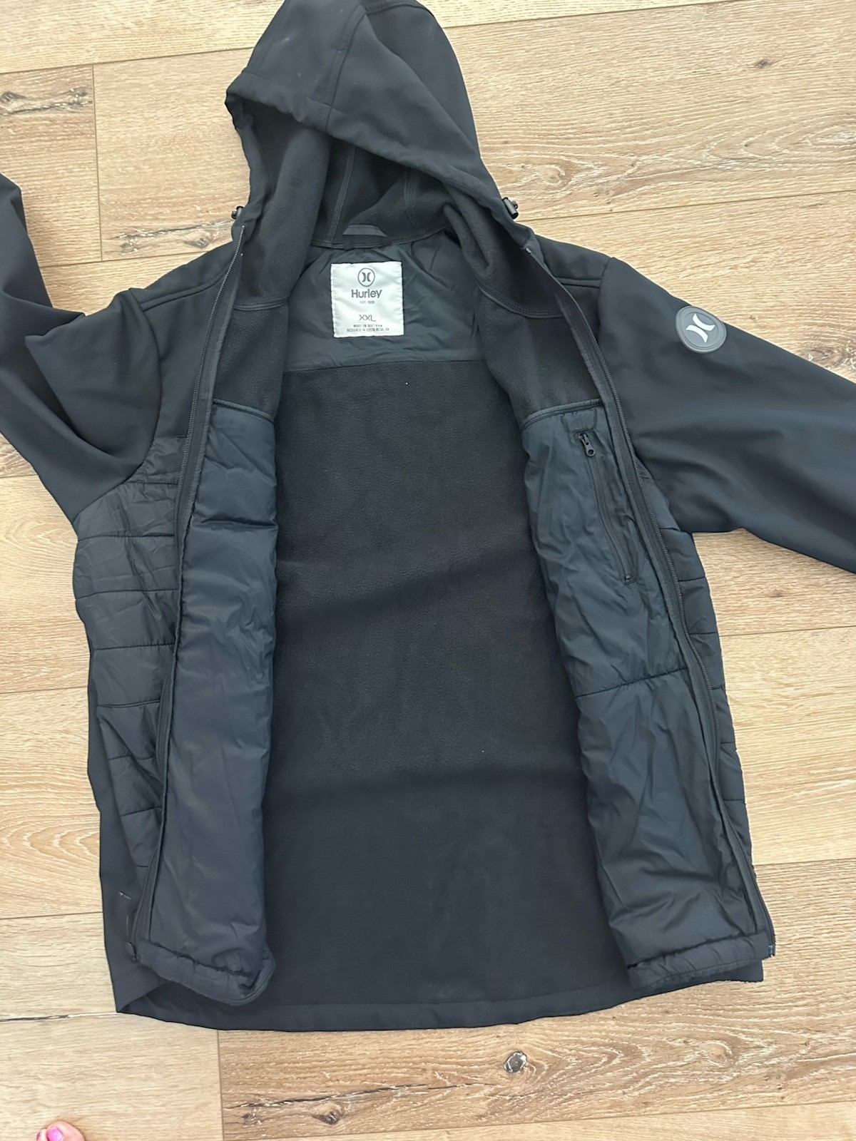 Hurley Hybrid Hooded Jacket Mens XXL Black Softshell Quilted Fleece Lined Zip