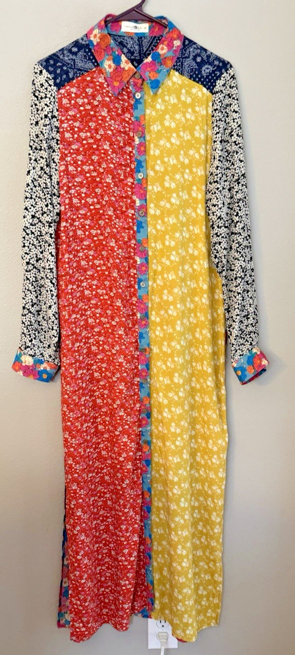 Natural Life Esme Patchwork Mixed Print Floral Maxi Shirt Dress Boho Artsy Sz M