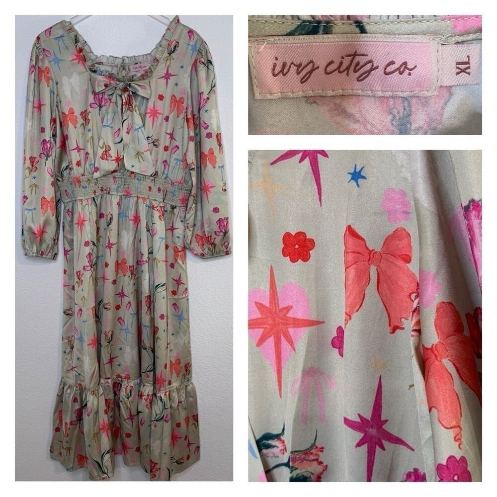 Ivy City Co XL Dress Midi Ruffle Bow Star Floral Print Satin Long Sleeve