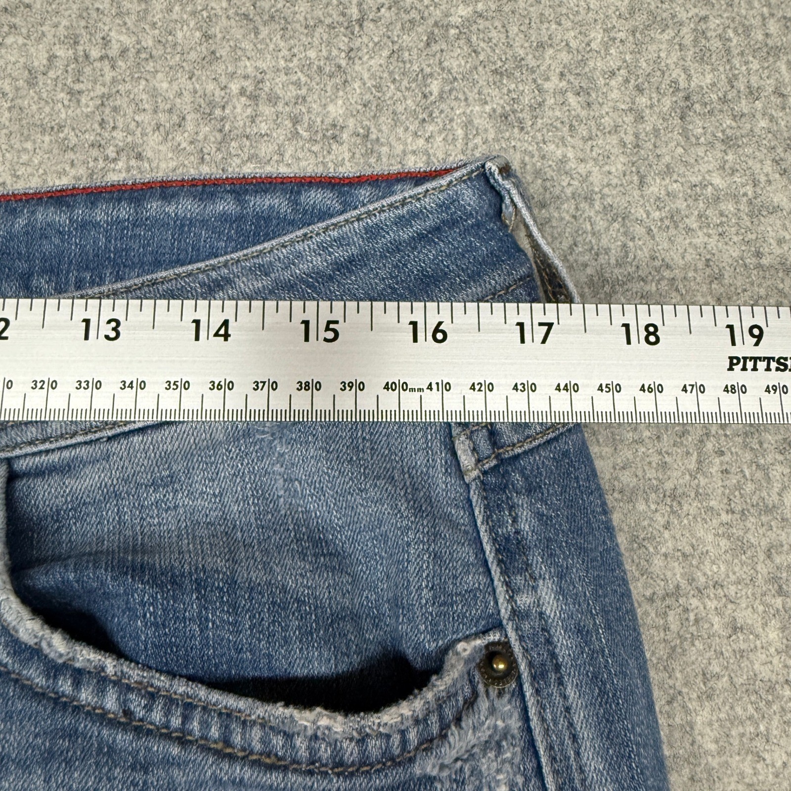 Fran Denim Eva Distressed Jeans 31 Blue Medium Wash Stretch Frayed Hem Low Rise