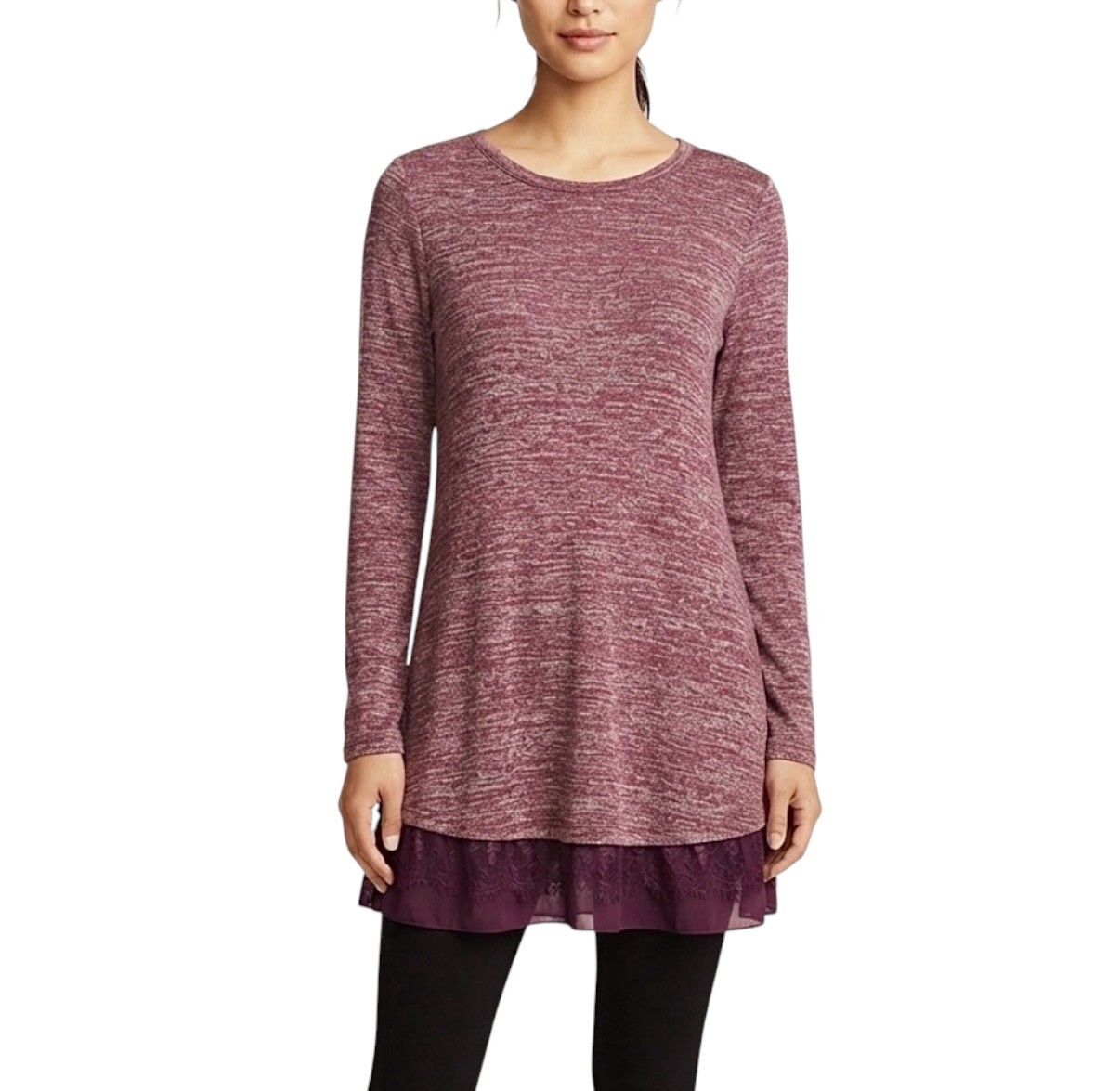 LOGO Lori Goldstein Layered Lace Hem Long Sleeve Marled Knit Tunic XS (2/4) Plum