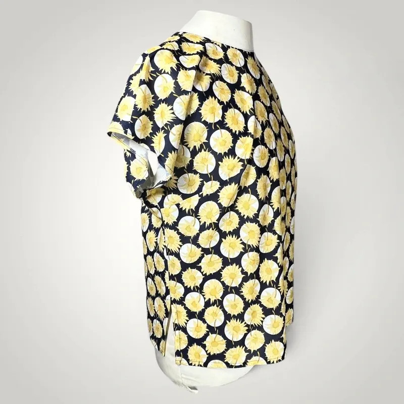 Vintage Lemon Print Blouse No Brand Size Ivory Yellow Blue Viscose Short Sleeve