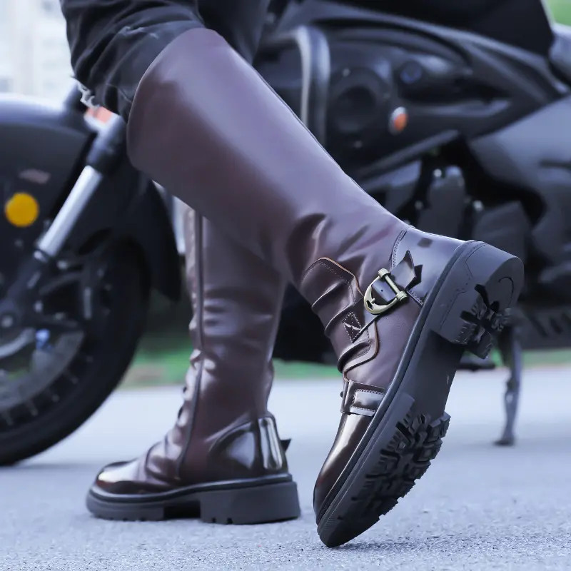 Mid Claf Boots Men’s Vintage Pleated Patent Leather Riding Motorcycle Punk Shoes