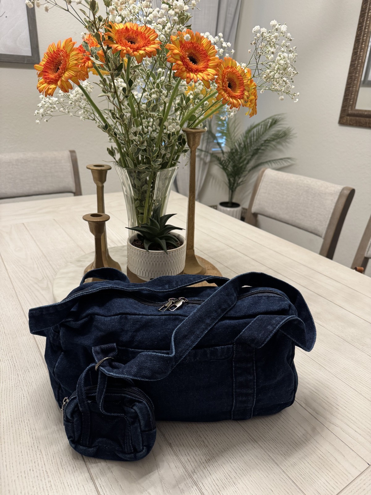 Soft Dark Blue Denim Shoulder Bag with Removable Pouch