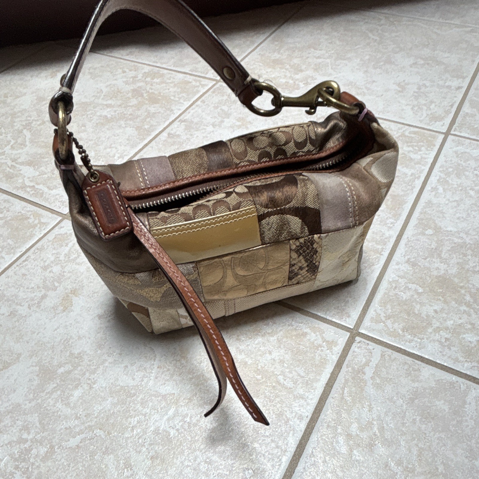Vintage Coach Patchwork Logo Shoulder Bag Gold Brown Beige Purple Small Designer