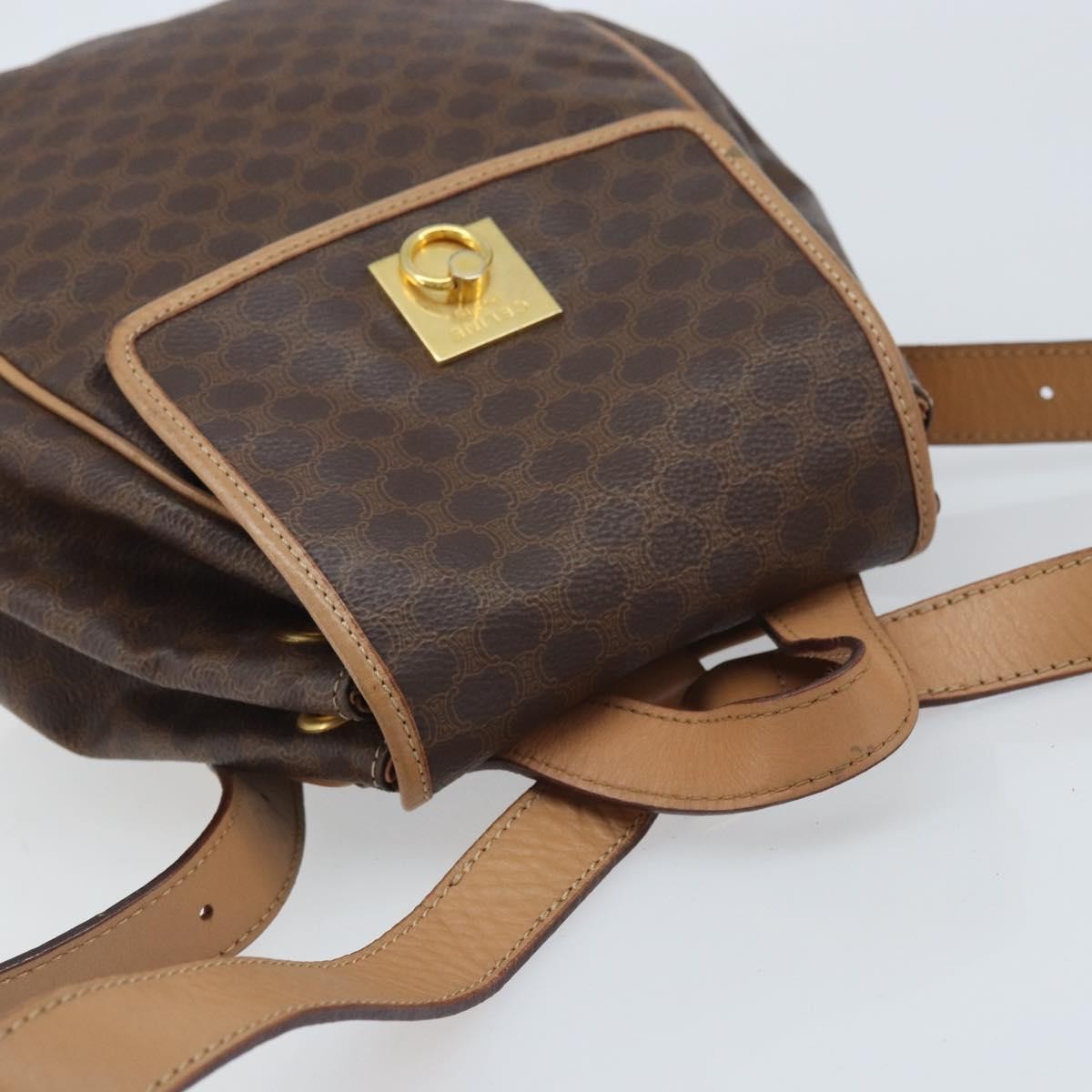CELINE Macadam Canvas Backpack PVC Leather Brown Gold Auth SW2219