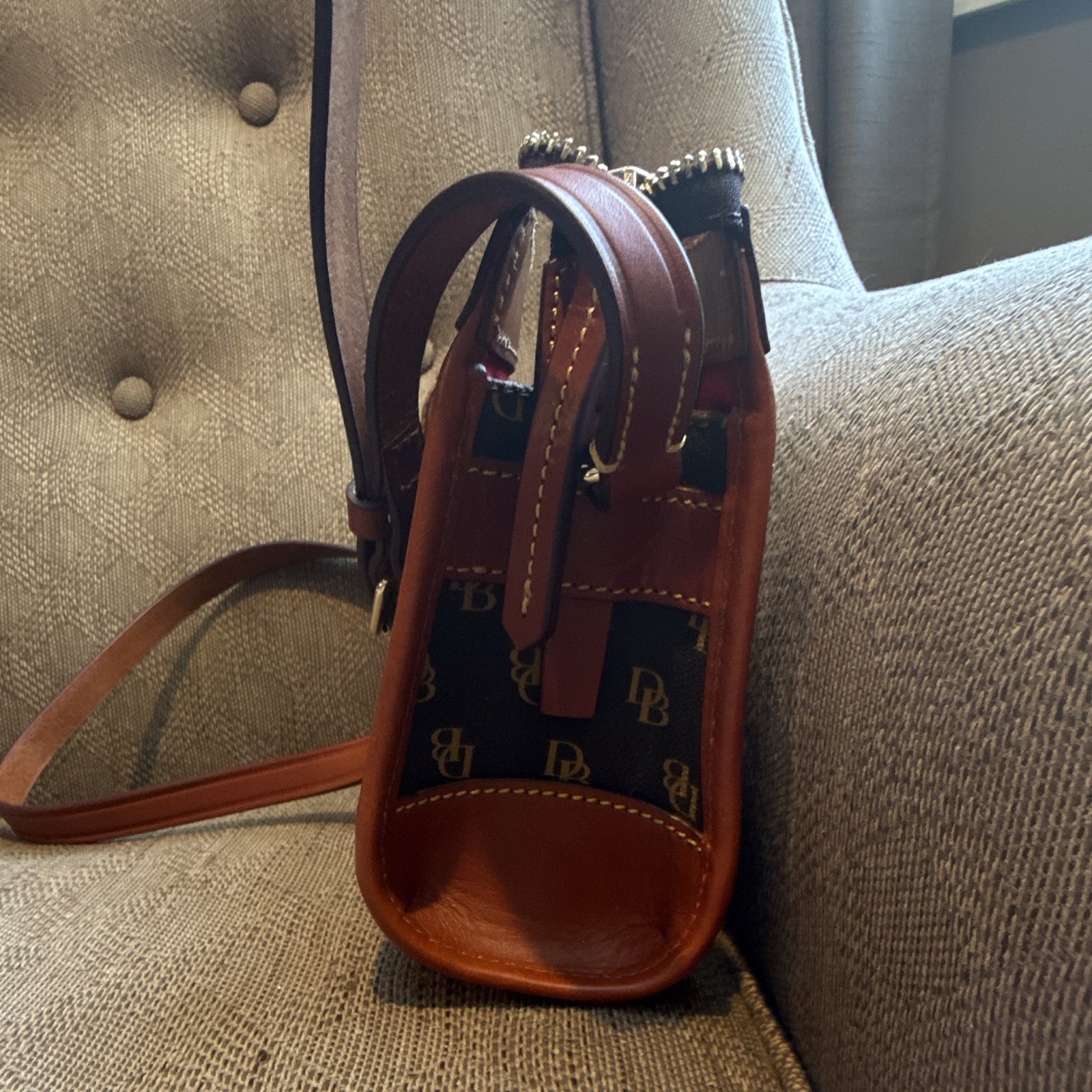 Dooney & Bourke Brown Logo Zip Crossbody, Gold Hardware, Adjustable Strap