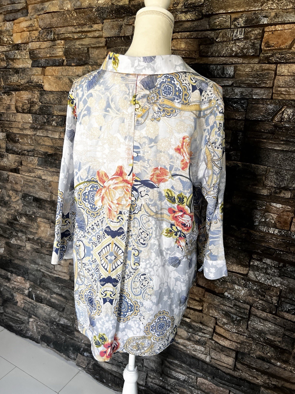 Chico’s Linen Blend Button-Up with Soft Blue Floral Print