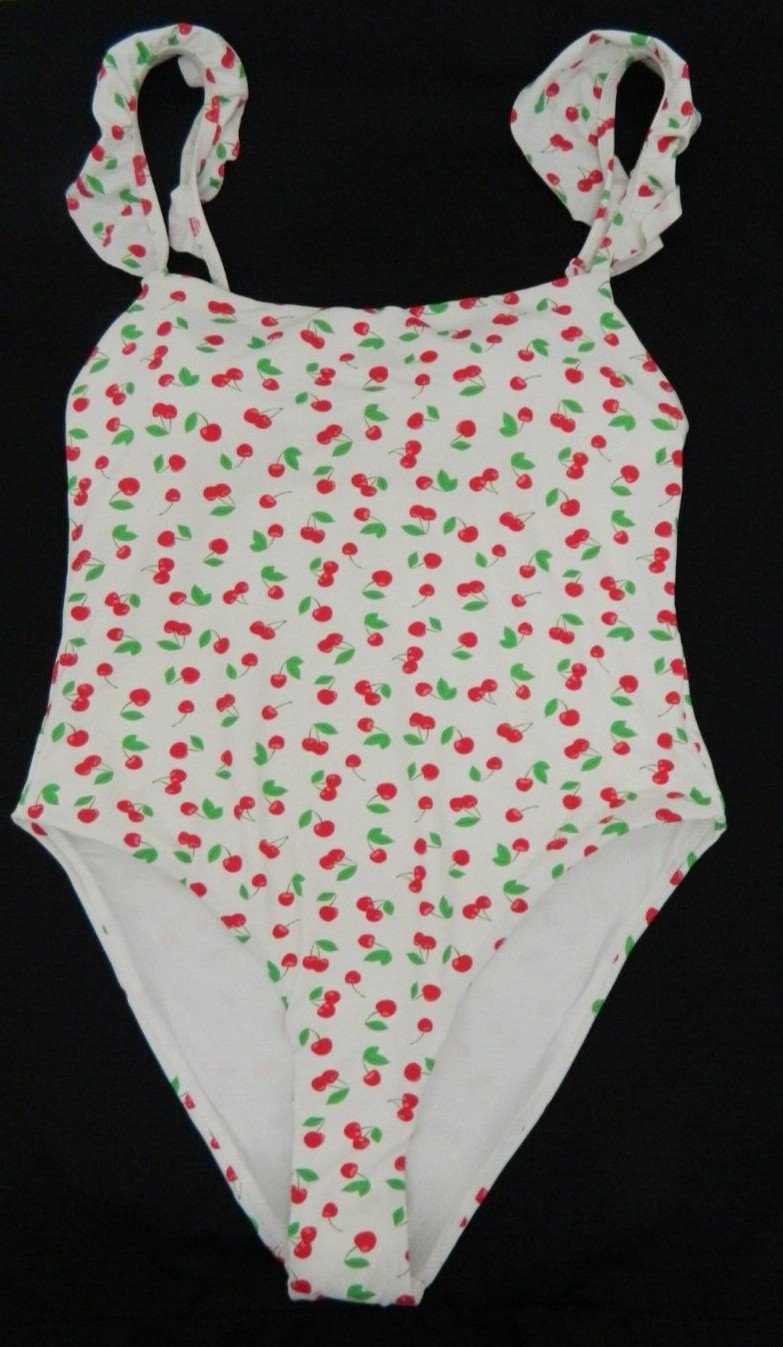 Aqua Swim White Cherries Flutter Sleeve 1-Piece Swimsuit NWT $98 Medium