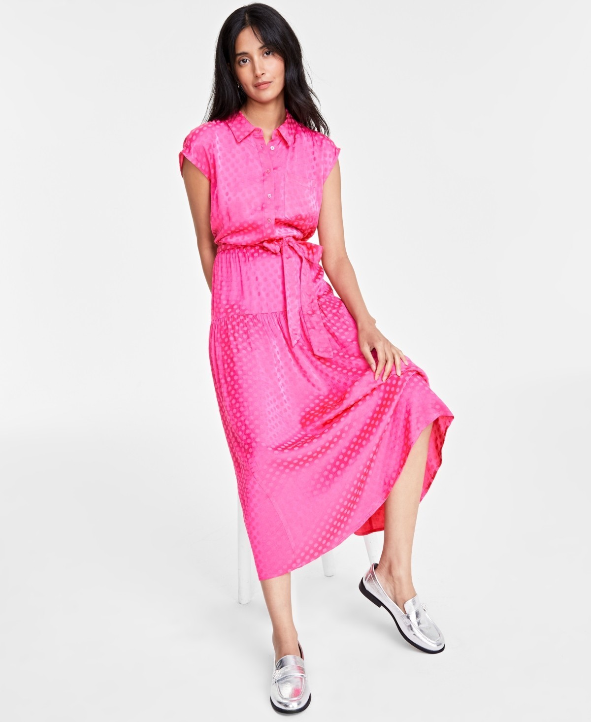 On 34th Women’s Tonal Jacquard Cap-Sleeve MIDI Shirtdress, Fushia Purple, sz M