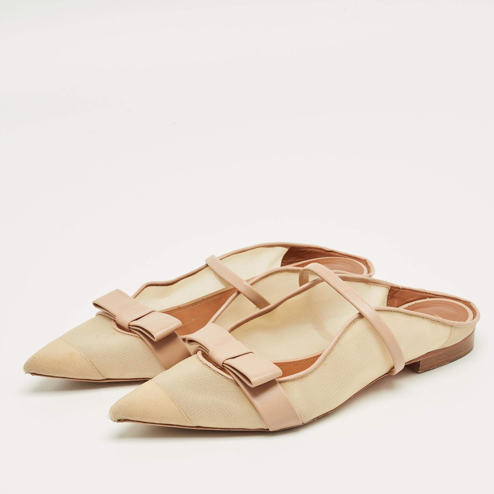 Malone Souliers BeigeCream Mesh and Leather Maureen Pointed Toe Flat Mules Size
