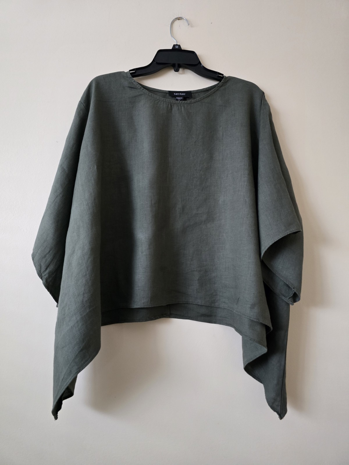 Karen Kane Slub Handkerchief Hem Linen Pullover Top Olive Green SzL Lagenlook