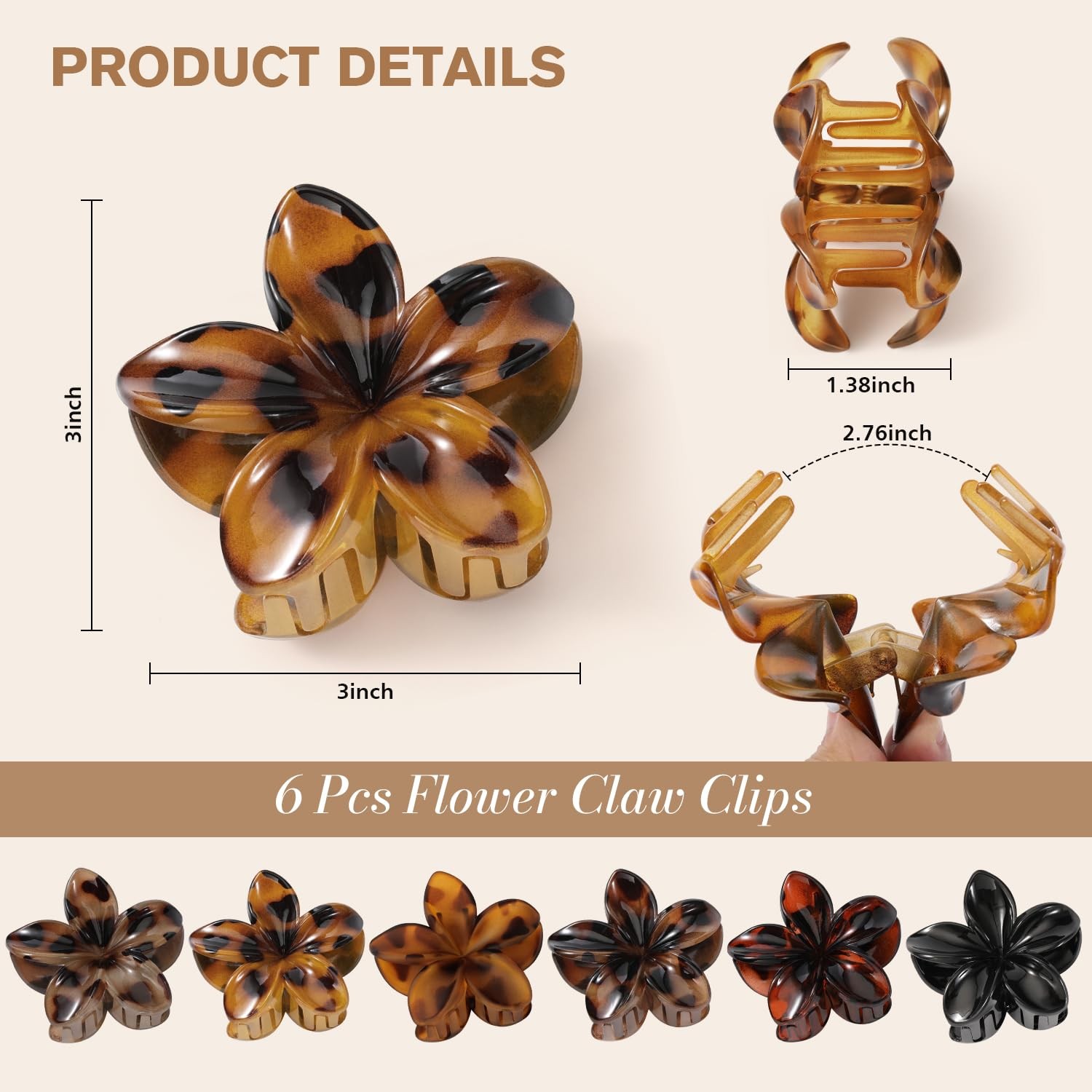 6 PCS Tortoise Flower Hair Clips for Women Girls, Large Hawaiian Multicolor