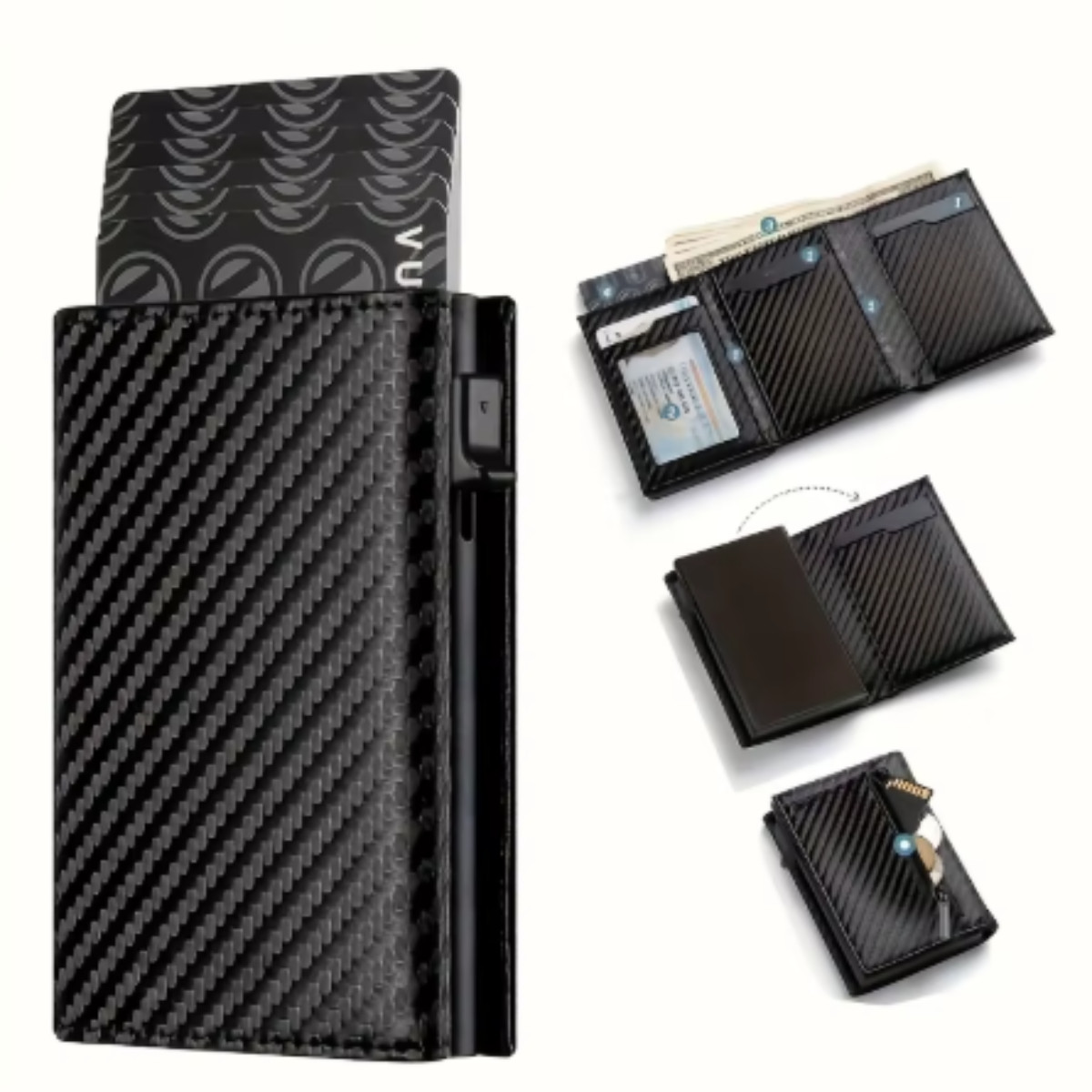 Minimalist Carbon Fiber Wallet RFID Blocking Pop Up Metal Card Holder Cash Purse