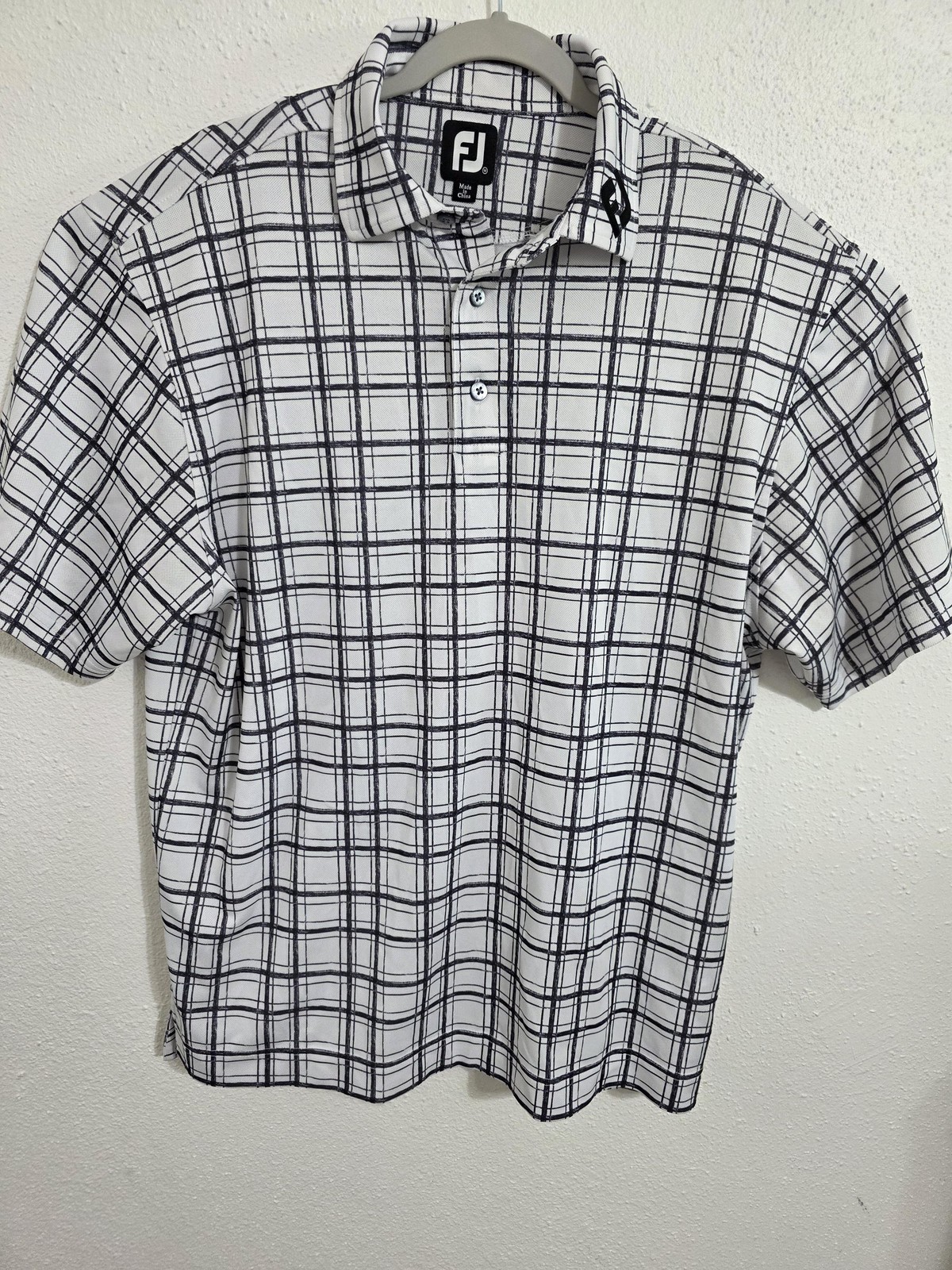 FootJoy Polo Shirt Mens Medium White Plaid Golf Performance Stretch Print