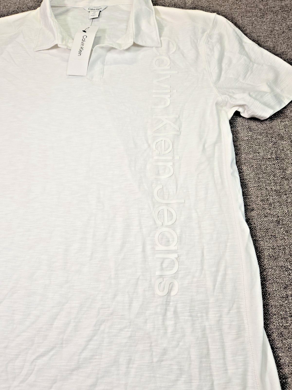 Calvin Klein V-Neck Spell Out Cotton Polo Brilliant White Mens Large
